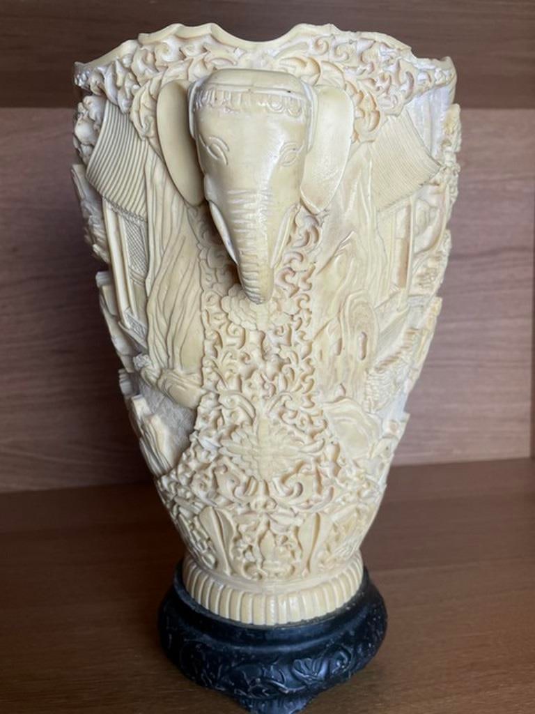 Vintage Asian Japanese Hand Carved Resin Vase Double Elephant Handles - 2