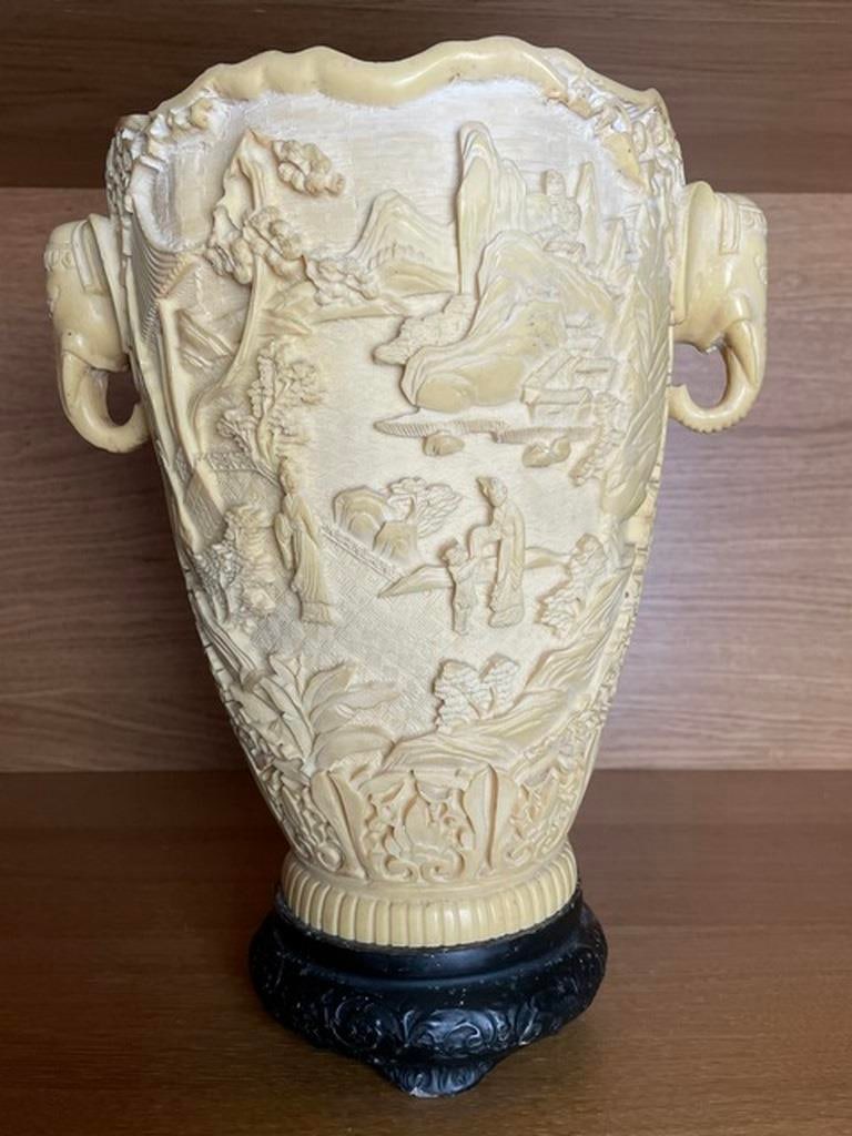 Vintage Asian Japanese Hand Carved Resin Vase Double Elephant Handles - 3
