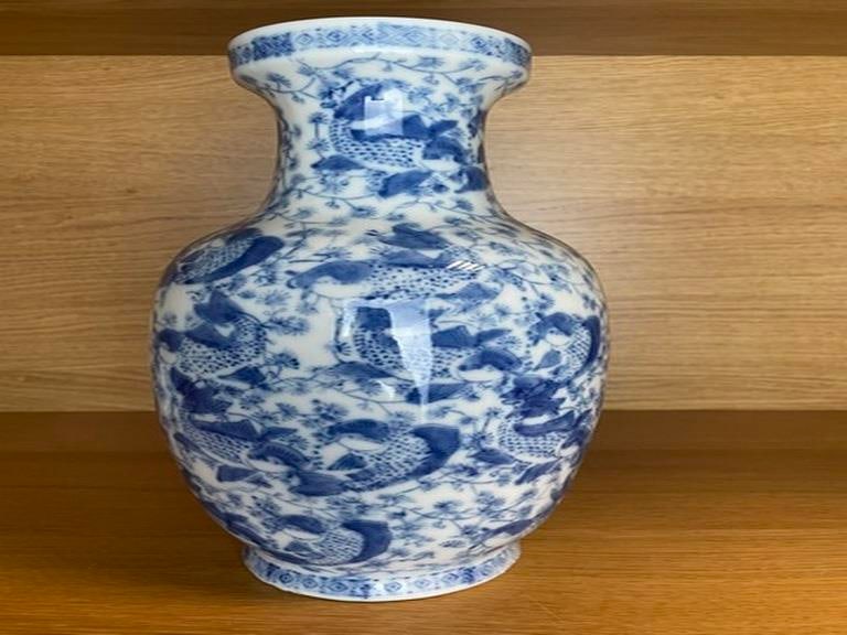 Vintage Chinese Porcelain Koi Fish Vase, Beautiful Blue And White, 12 1/2â€ Tall. - 2