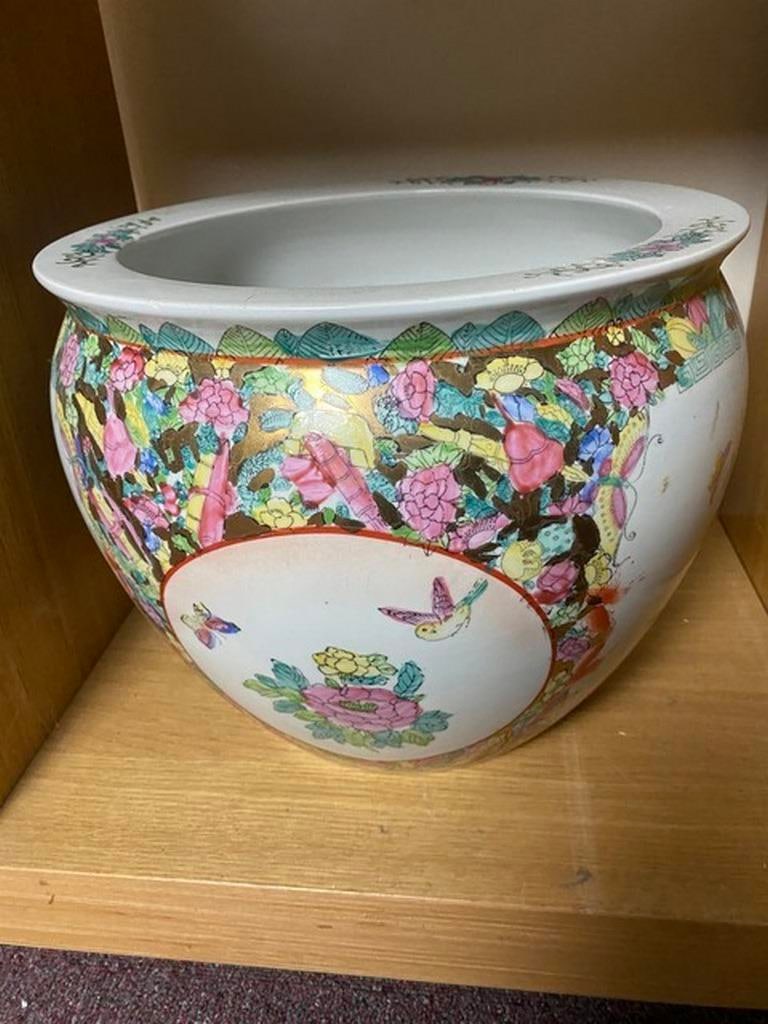 Oriental Chinese Fish Bowl / Planter Plant Pot Butterflies Decoration Green - 2