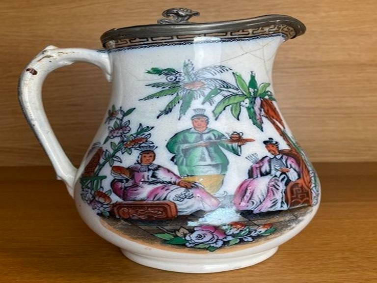 Antique Victorian Oriental Ceramic Hot Water Pitcher with Pewter Lid: BEAUTIFUL VINTAGE CERAMIC HOT WATER PITCHER. HANDPAINTED DECORATEDWITH JAPANISE LIFE SCANE MEASURES - 19 CM TALL WITH LID BASE 7.5 CM CAPACITY APPROX 1 LITER