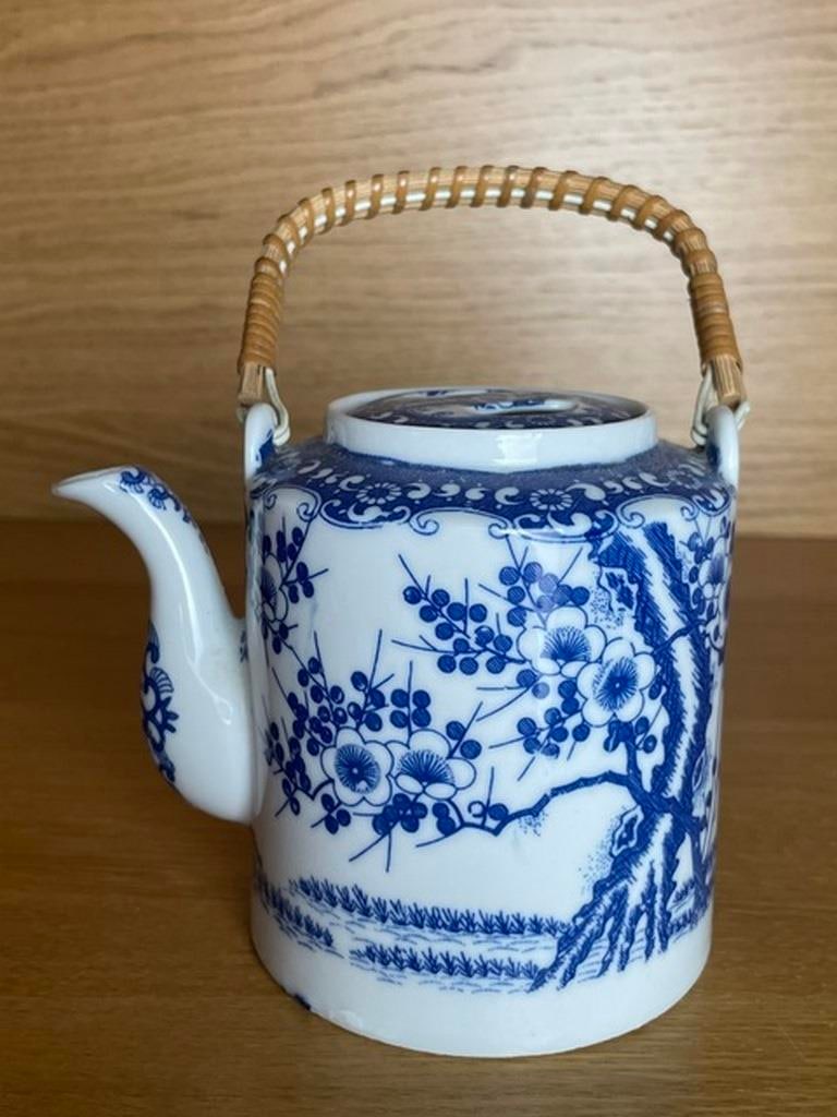 Vintage 20th C. Mid-Century Blue White Porcelain Teapot Wicker Bamboo Japan - 2