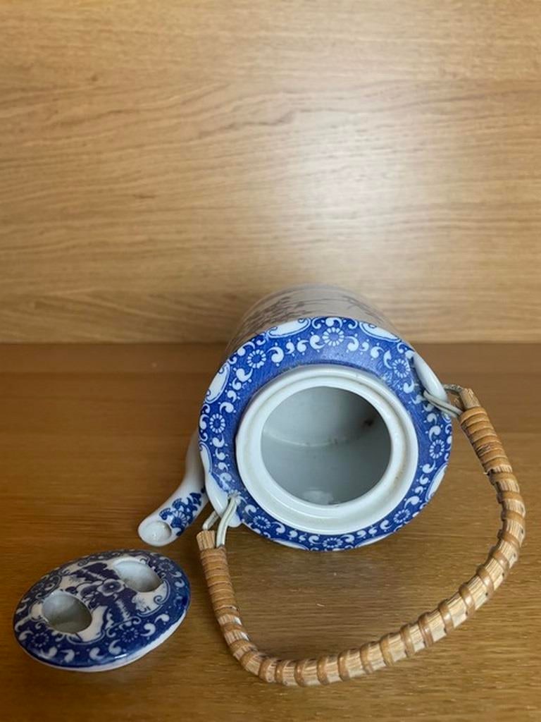 Vintage 20th C. Mid-Century Blue White Porcelain Teapot Wicker Bamboo Japan - 3
