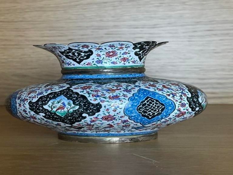 Vintage Persian Hand Painted Enameled On Copper Chalice Cup Captivating Design - 2