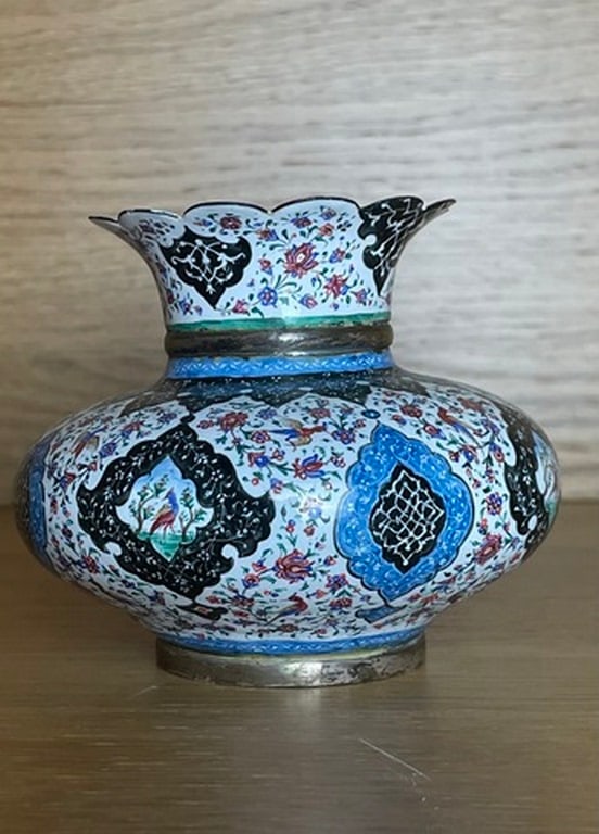 Vintage Persian Hand Painted Enameled On Copper Chalice Cup Captivating Design - 3