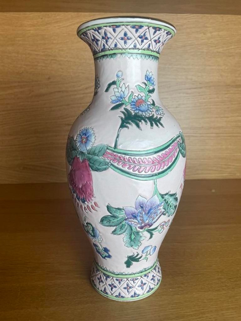 Vintage Chinese Porcelain Vase, Large, Tall, Floral Ornamentation, White, Blue, Pink, Chinoiserie, P - 3