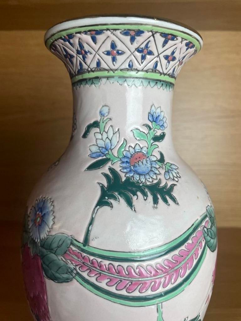 Vintage Chinese Porcelain Vase, Large, Tall, Floral Ornamentation, White, Blue, Pink, Chinoiserie, P - 4