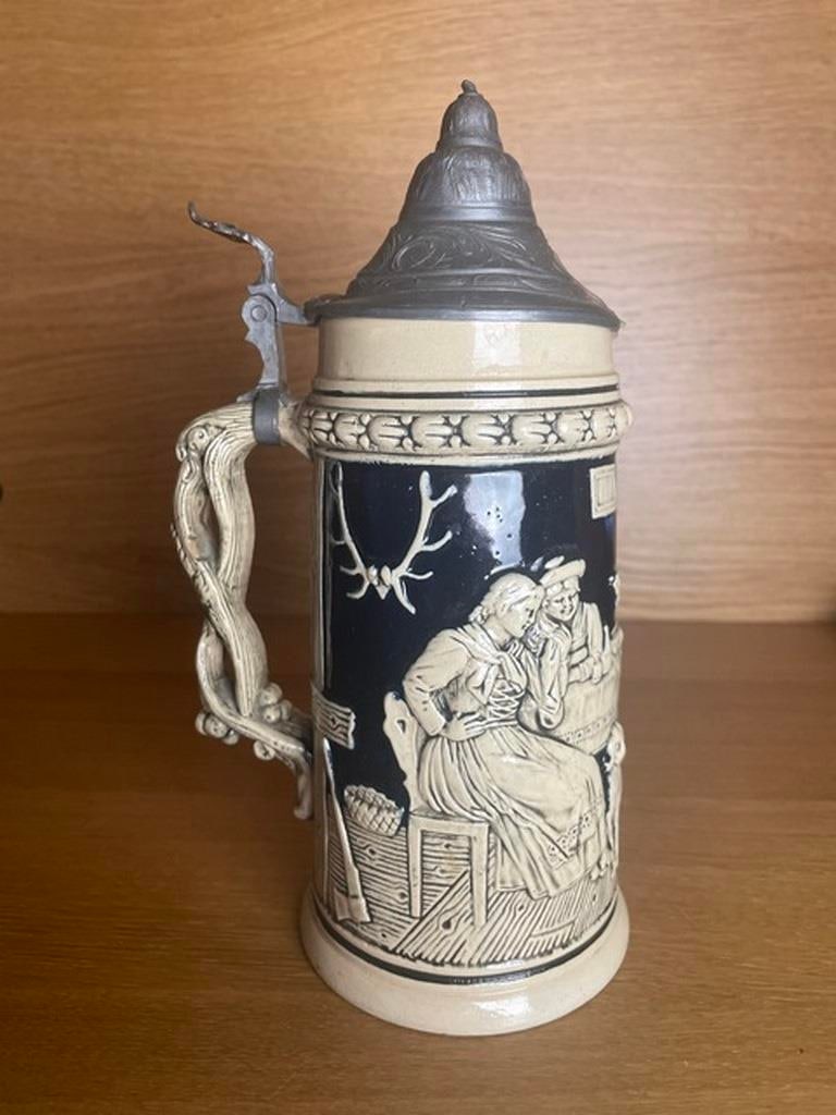 Antique c. 1900 Gertz 1816 German Stein 2L """"Tiroler Leben"""" Pouring Vessel w/ Lid (French Zone) (1 of 5)
