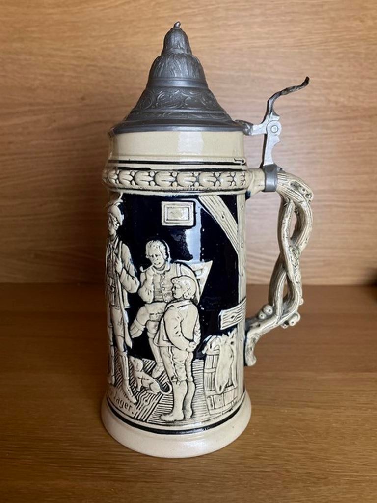 Antique c. 1900 Gertz 1816 German Stein 2L """"Tiroler Leben"""" Pouring Vessel w/ Lid (French Zone) - 2