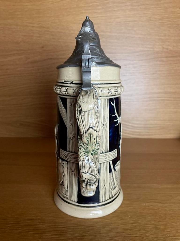 Antique c. 1900 Gertz 1816 German Stein 2L """"Tiroler Leben"""" Pouring Vessel w/ Lid (French Zone) - 3