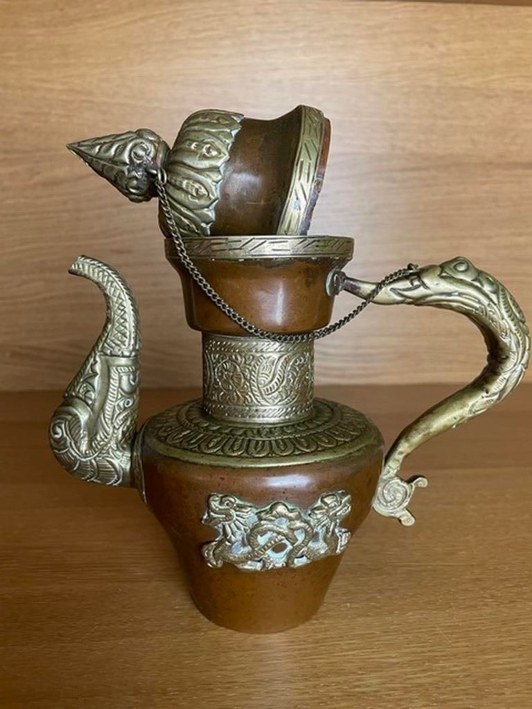 vintageTibetan Copper/brass mixed metals Dragon Lidded Coffee/Teapot 9 inches - 3