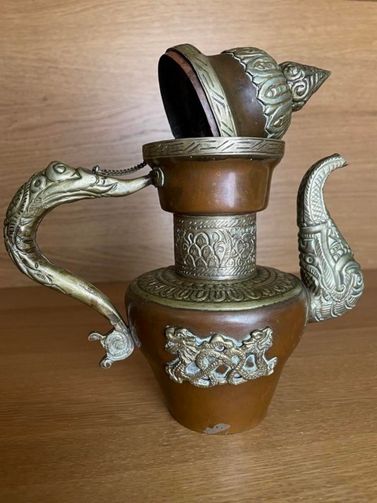 vintageTibetan Copper/brass mixed metals Dragon Lidded Coffee/Teapot 9 inches - 5