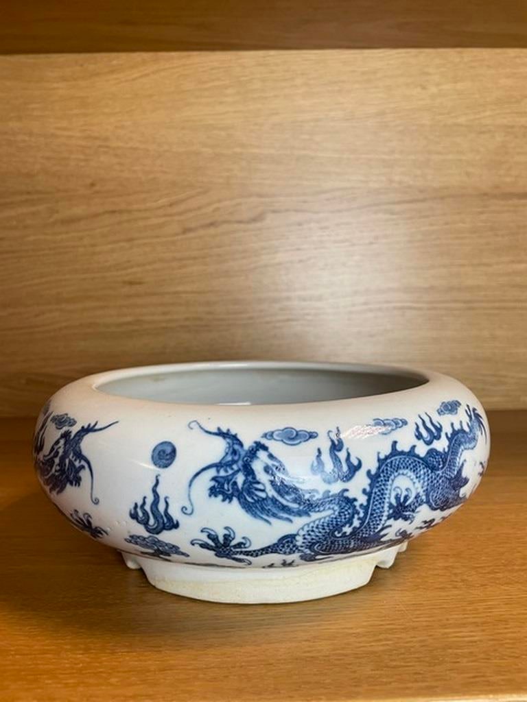 Antique Chinese Signed Pottery Blue and White Dragon - 2