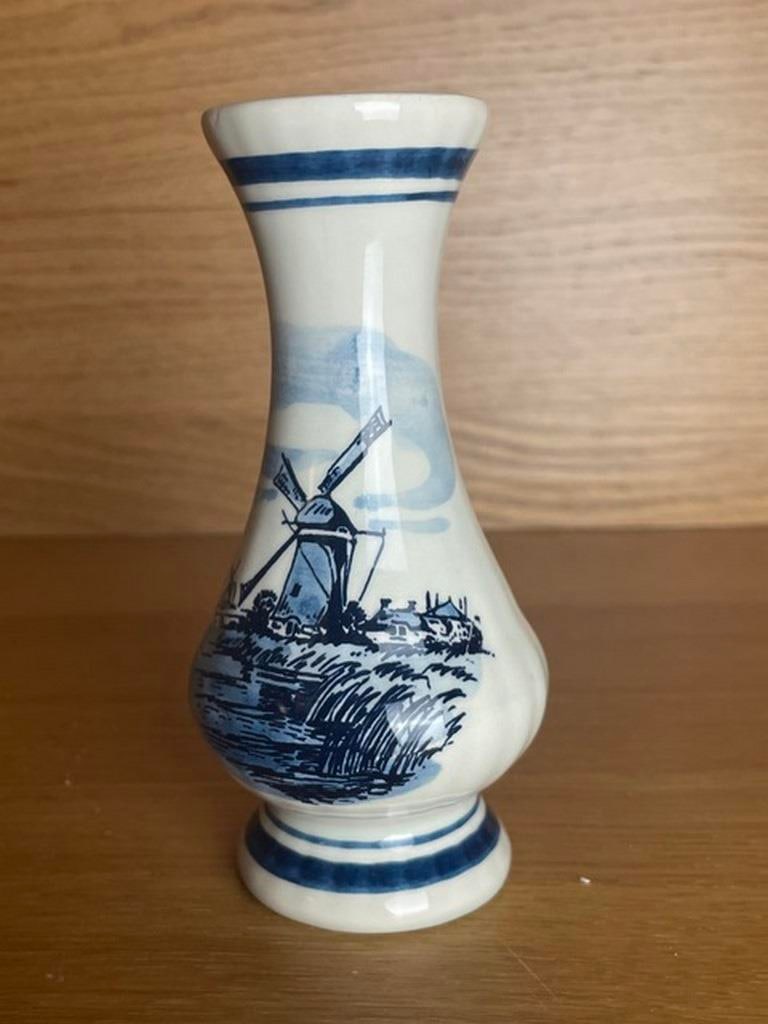 Vintage Hand Painted Delft Blue Ceramic Dutch Vase by TS: Vintage Hand Painted Delft Blue Ceramic Dutch Vase by TS