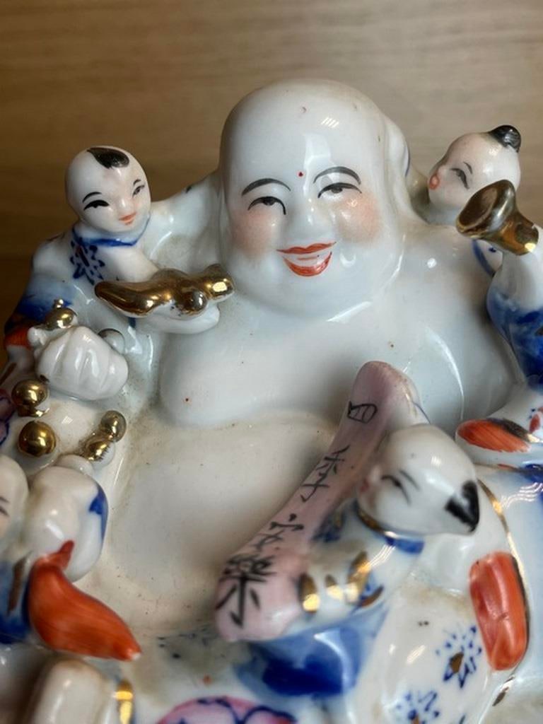 Vintage Chinese porcelain laughing Buddha with children statue - 2