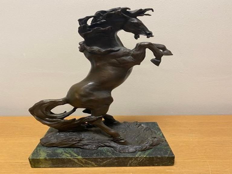 Signed Original Majestic Horse Rears on his Legs Bronze Sculpture Marble Figure: Signed Original Majestic Horse Rears on his Legs Bronze Sculpture Marble Figure