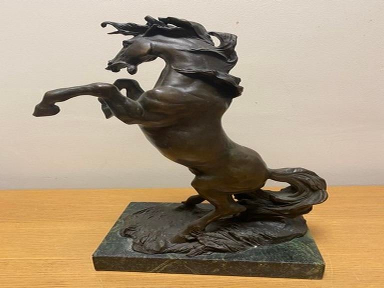 Signed Original Majestic Horse Rears on his Legs Bronze Sculpture Marble Figure - 3