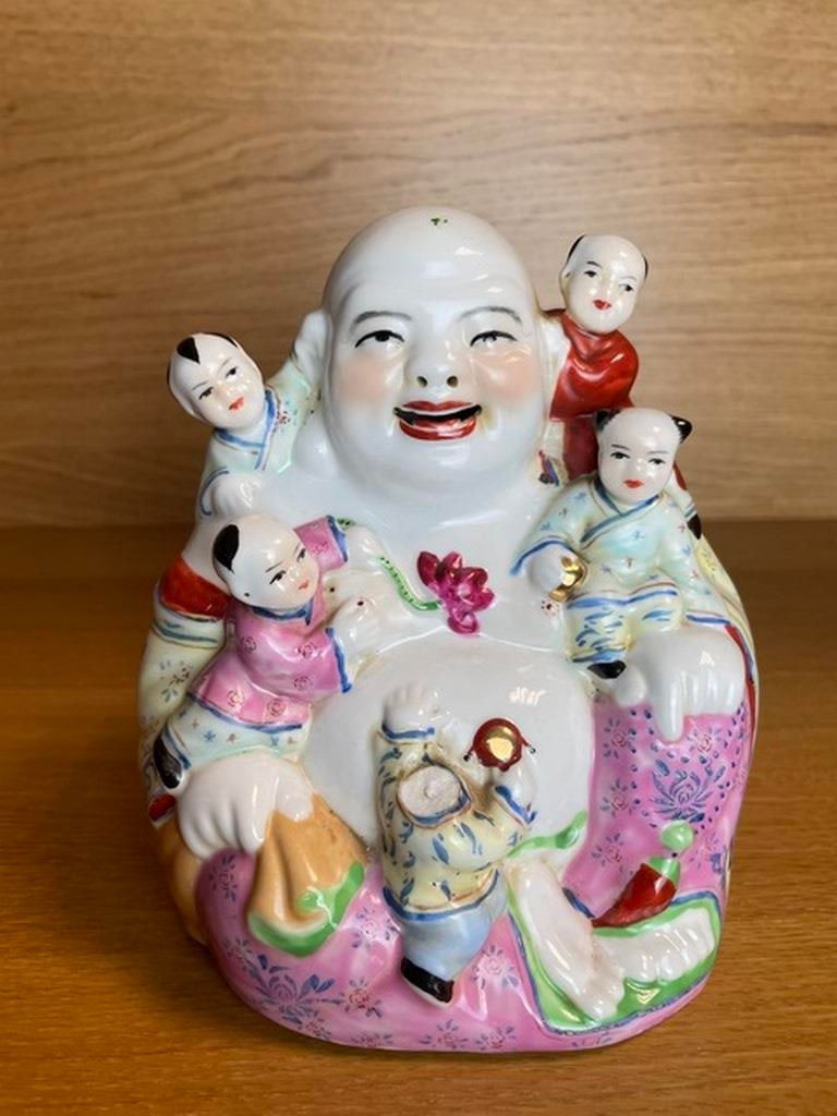 Vintage Chinese Famille Rose Laughing Buddha Statue, Hand painted, unique Asian Home Decor, Good For (1 of 4)