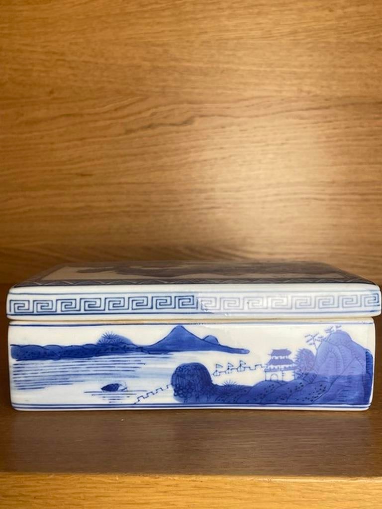Antique Chinese Blue White Porcelain Box, Qianlong Mark Covered Box: Exquisite antique Chinese two-compartment covered box, featuring a beautiful hand-painted blue & white landscape design.