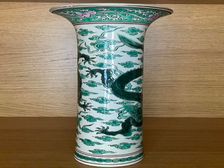Old Chinese Kangxi Style Famille Verte Sleeve Vase With Dragons - 2