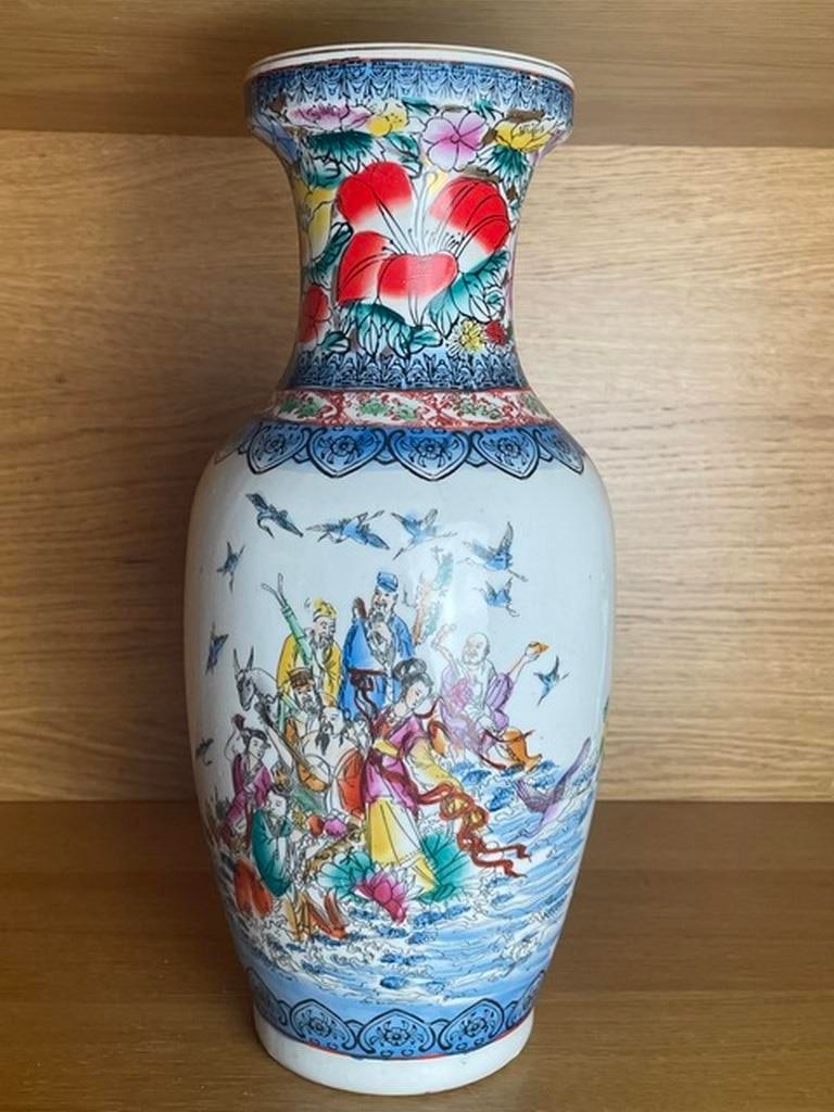 VTG Chinese Porcelain Hand Painted Large 12â€ Tall Vase Gold Trim Long Life Symbo (1 of 4)