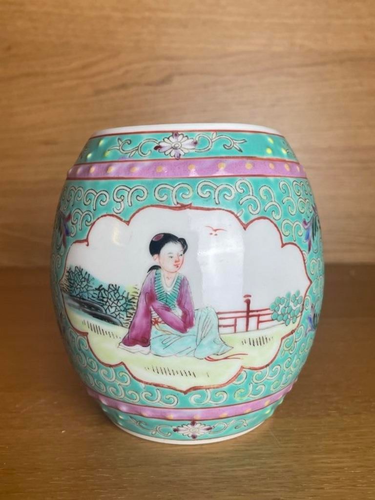 Vintage Hand-Painted Ginger Jar with Mint Green, Pink, and Yellow Pastel Colors, Collectible DÃ: Unique vintage ginger jar adorned with hand-painted decorations in pastel mint green, pink, and yellow Rare find with intact member, adding to its uniqueness and charm Hand-decorated on both sides and