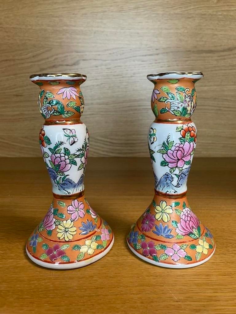 Pair of Japanese hand painted ceramic candlesticks (1 of 4)
