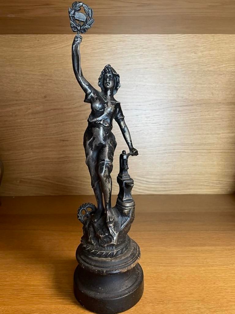 Bronzed Spelter Statue on Wooden Base Lâ€™Industrie (1 of 4)