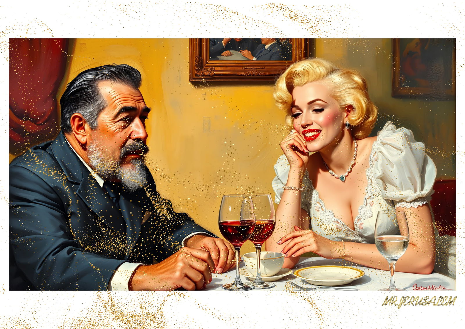 "Mr.Jerusalem, "Fidel Castro having dinner with Marilyn Monroe-D2" "Original, A2 Poster print,: Original A2 Poster Digital print on paper, Solid Finishing: Classic (250 gsm gloss) Artist Digital signature Stamped / seal Watermark seal Sizes- 420 X594mm Sold unframed