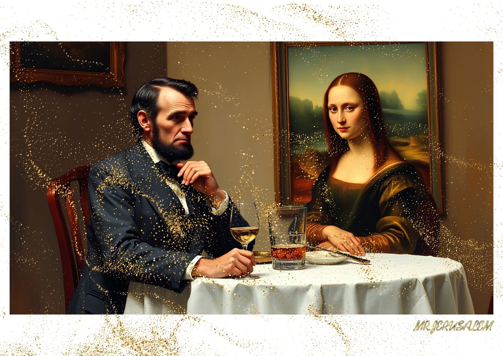 "Mr.Jerusalem, "Abraham Lincoln having dinner with Mona Lisa-D2, "Original, A2 Poster print, stamped: Original A2 Poster Digital print on paper, Solid Finishing: Classic (250 gsm gloss) Artist Digital signature Stamped / seal Watermark seal Sizes- 420 X594mm Sold unframed