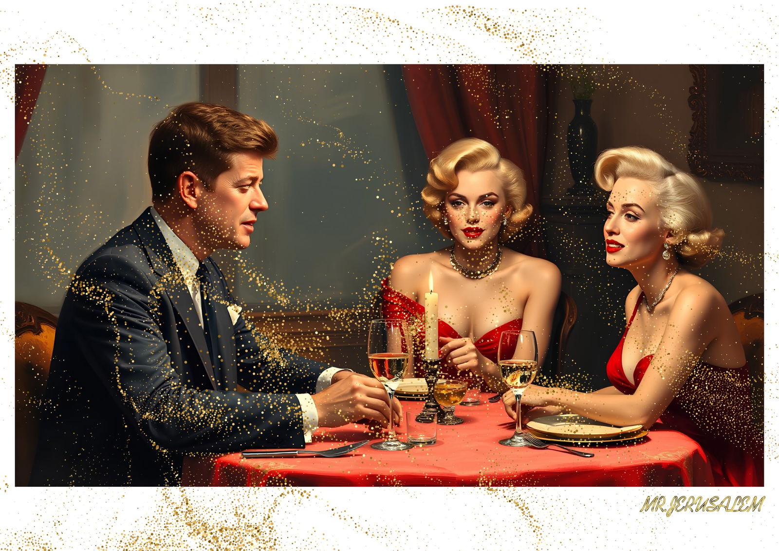 "Mr.Jerusalem, "John F. Kennedy having dinner with Marilyn Monroe-D2" "Original, A2 Poster pri: Original A2 Poster Digital print on paper, Solid Finishing: Classic (250 gsm gloss) Artist Digital signature Stamped / seal Watermark seal Sizes- 420 X594mm Sold unframed