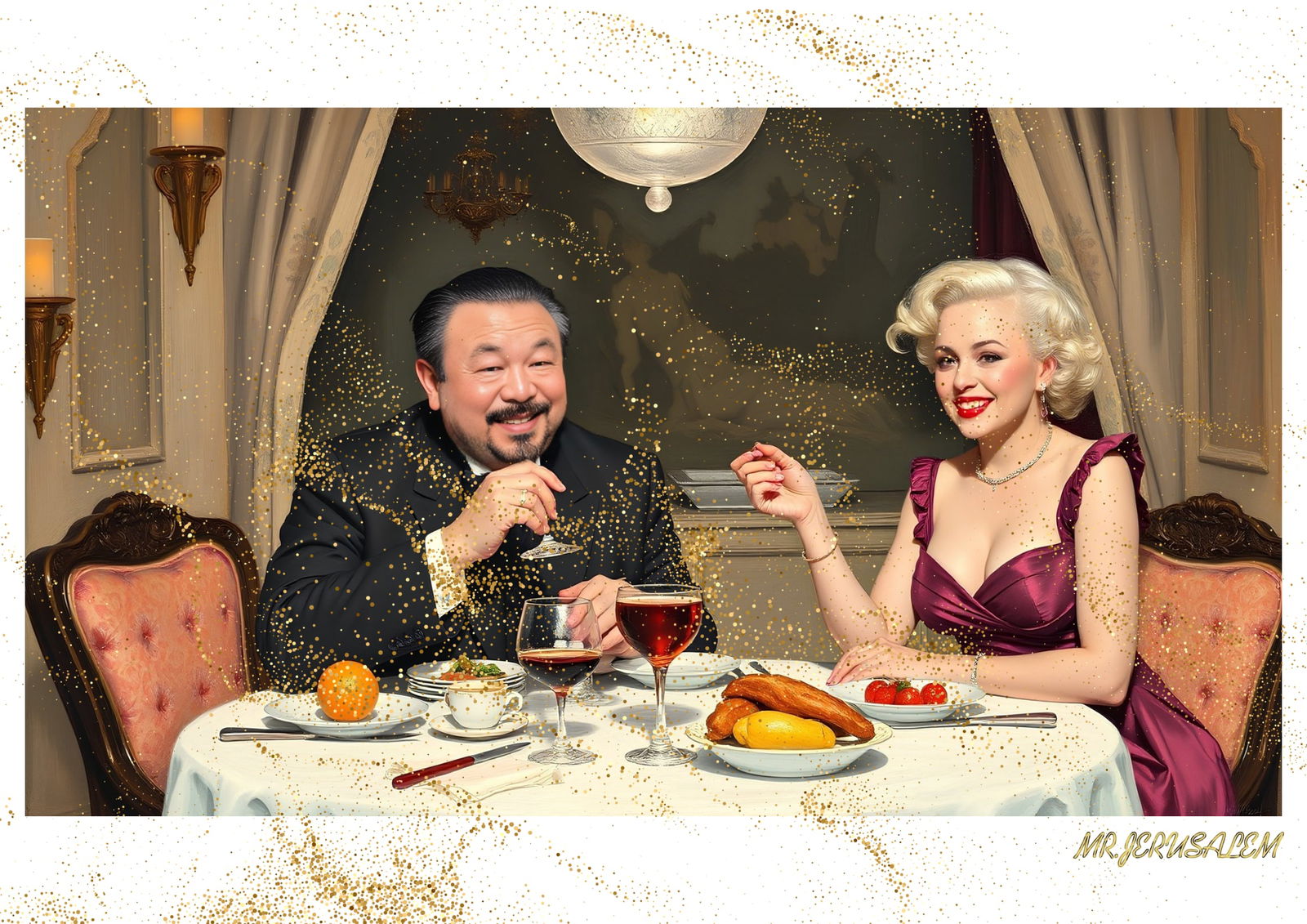 "Mr.Jerusalem, "Ai Weiwei having dinner with Marilyn Monroe-D2" "Original, A2 Poster print, st: Original A2 Poster Digital print on paper, Solid Finishing: Classic (250 gsm gloss) Artist Digital signature Stamped / seal Watermark seal Sizes- 420 X594mm Sold unframed