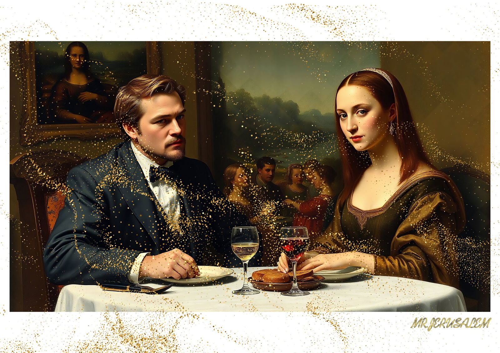 "Mr.Jerusalem, "Leonardo DiCaprio having dinner with Mona Lisa-D1" "Original, A2 Poster print,: Original A2 Poster Digital print on paper, Solid Finishing: Classic (250 gsm gloss) Artist Digital signature Stamped / seal Watermark seal Sizes- 420 X594mm Sold unframed