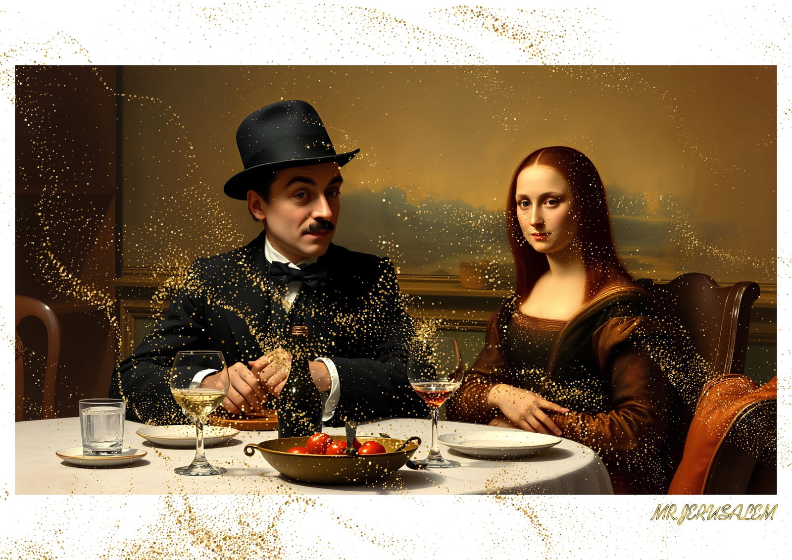"Mr.Jerusalem, "Charlie Chaplin having dinner with Mona lisa-D2" "Original, A2 Poster print, s: Original A2 Poster Digital print on paper, Solid Finishing: Classic (250 gsm gloss) Artist Digital signature Stamped / seal Watermark seal Sizes- 420 X594mm Sold unframed
