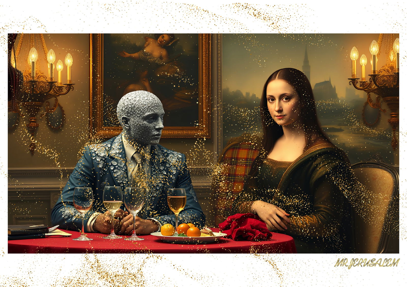 "Mr.Jerusalem, "Diamond Man having dinner with Mona Lisa-D2" "Original, A2 Poster print, stamp: Original A2 Poster Digital print on paper, Solid Finishing: Classic (250 gsm gloss) Artist Digital signature Stamped / seal Watermark seal Sizes- 420 X594mm Sold unframed