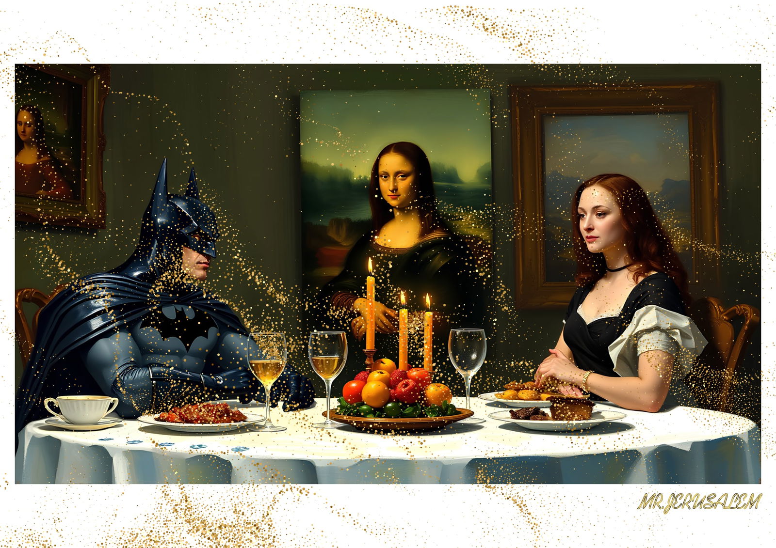 "Mr.Jerusalem, "Batman having dinner with Mona Lisa-D2" "Original, A2 Poster print, stamped. W: Original A2 Poster Digital print on paper, Solid Finishing: Classic (250 gsm gloss) Artist Digital signature Stamped / seal Watermark seal Sizes- 420 X594mm Sold unframed