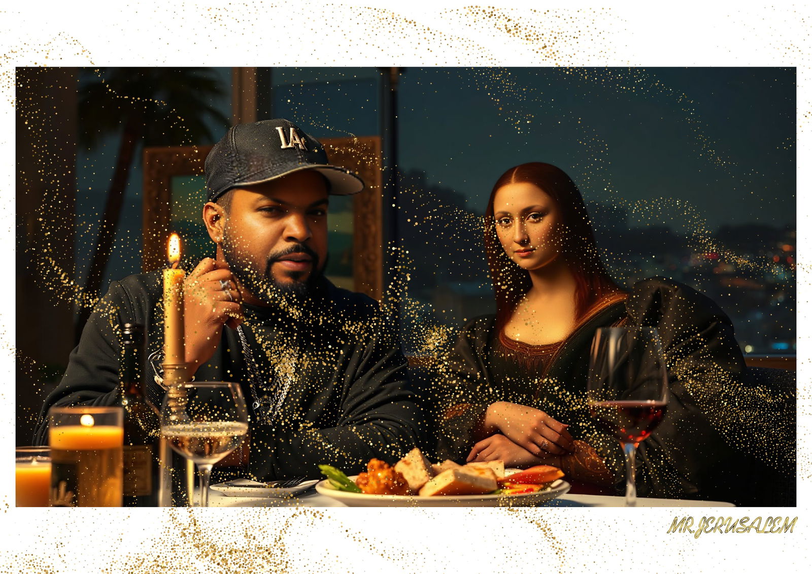 "Mr.Jerusalem, "Ice Cube having dinner with Mona Lisa-D1" "Original, A2 Poster print, stamped.: Original A2 Poster Digital print on paper, Solid Finishing: Classic (250 gsm gloss) Artist Digital signature Stamped / seal Watermark seal Sizes- 420 X594mm Sold unframed