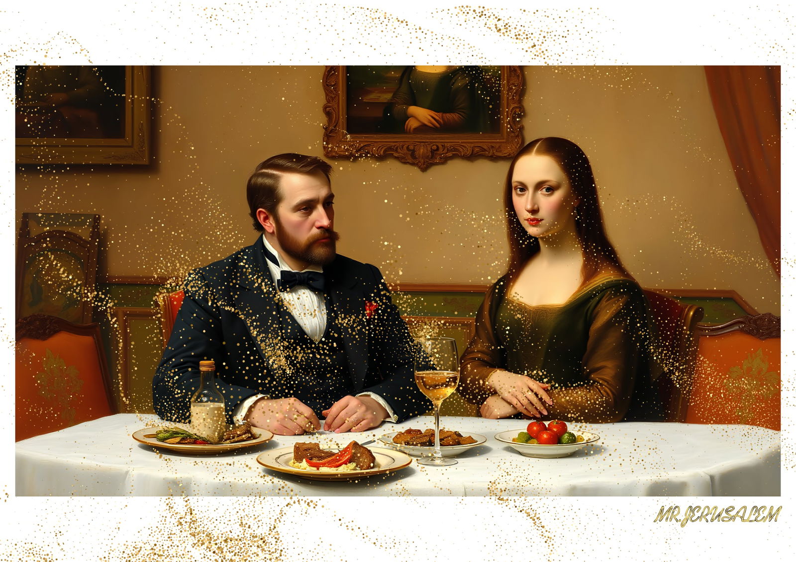 "Mr.Jerusalem, "Auguste Renoir having dinner with Mona Lisa-D2" "Original, A2 Poster print, st: Original A2 Poster Digital print on paper, Solid Finishing: Classic (250 gsm gloss) Artist Digital signature Stamped / seal Watermark seal Sizes- 420 X594mm Sold unframed