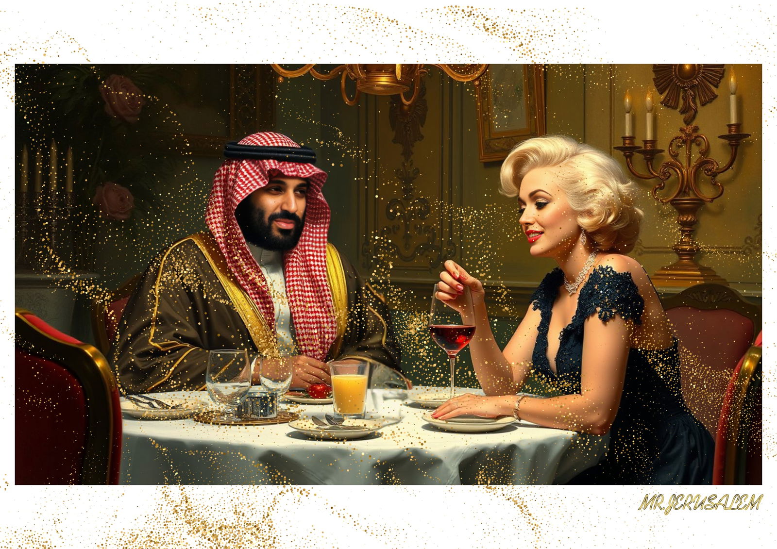 "Mr.Jerusalem, "Mohammad Bin Salman having dinner with Marilyn Monroe-D1" "Original, A2 Poster: Original A2 Poster Digital print on paper, Solid Finishing: Classic (250 gsm gloss) Artist Digital signature Stamped / seal Watermark seal Sizes- 420 X594mm Sold unframed