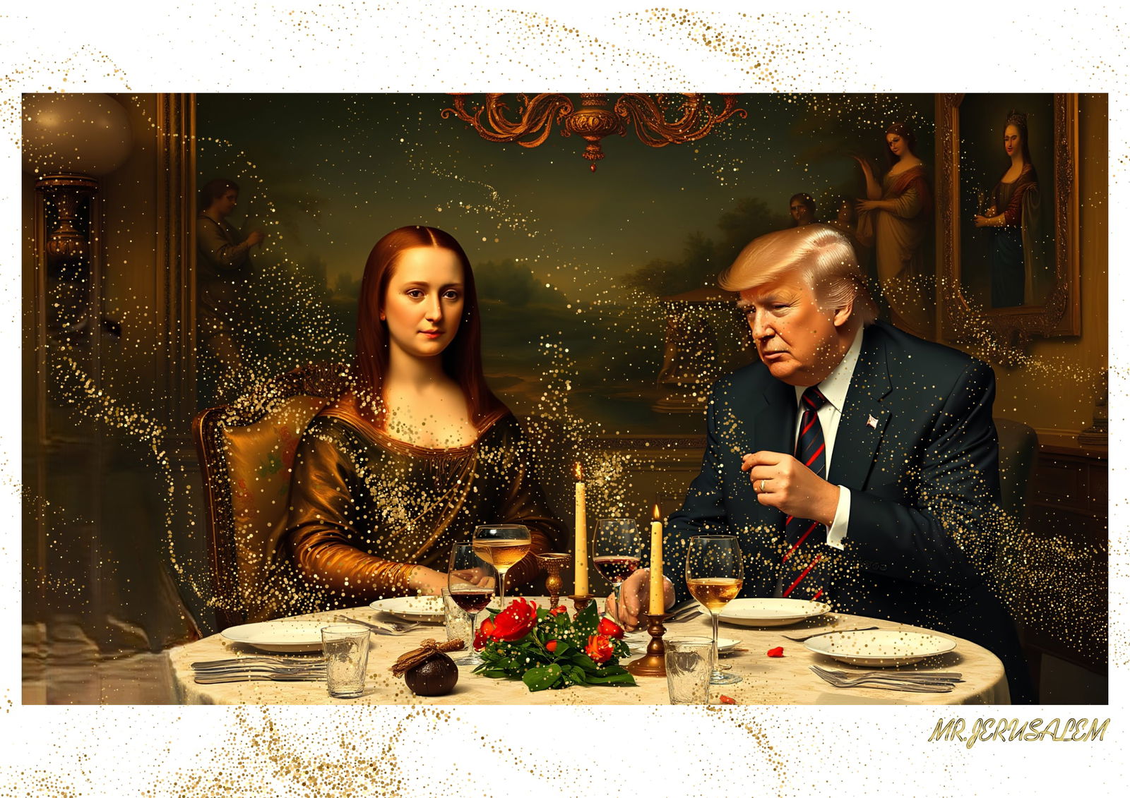 "Mr.Jerusalem, "Donald Trump having dinner with Mona Lisa-D1" "Original, A2 Poster print, stam: Original A2 Poster Digital print on paper, Solid Finishing: Classic (250 gsm gloss) Artist Digital signature Stamped / seal Watermark seal Sizes- 420 X594mm Sold unframed