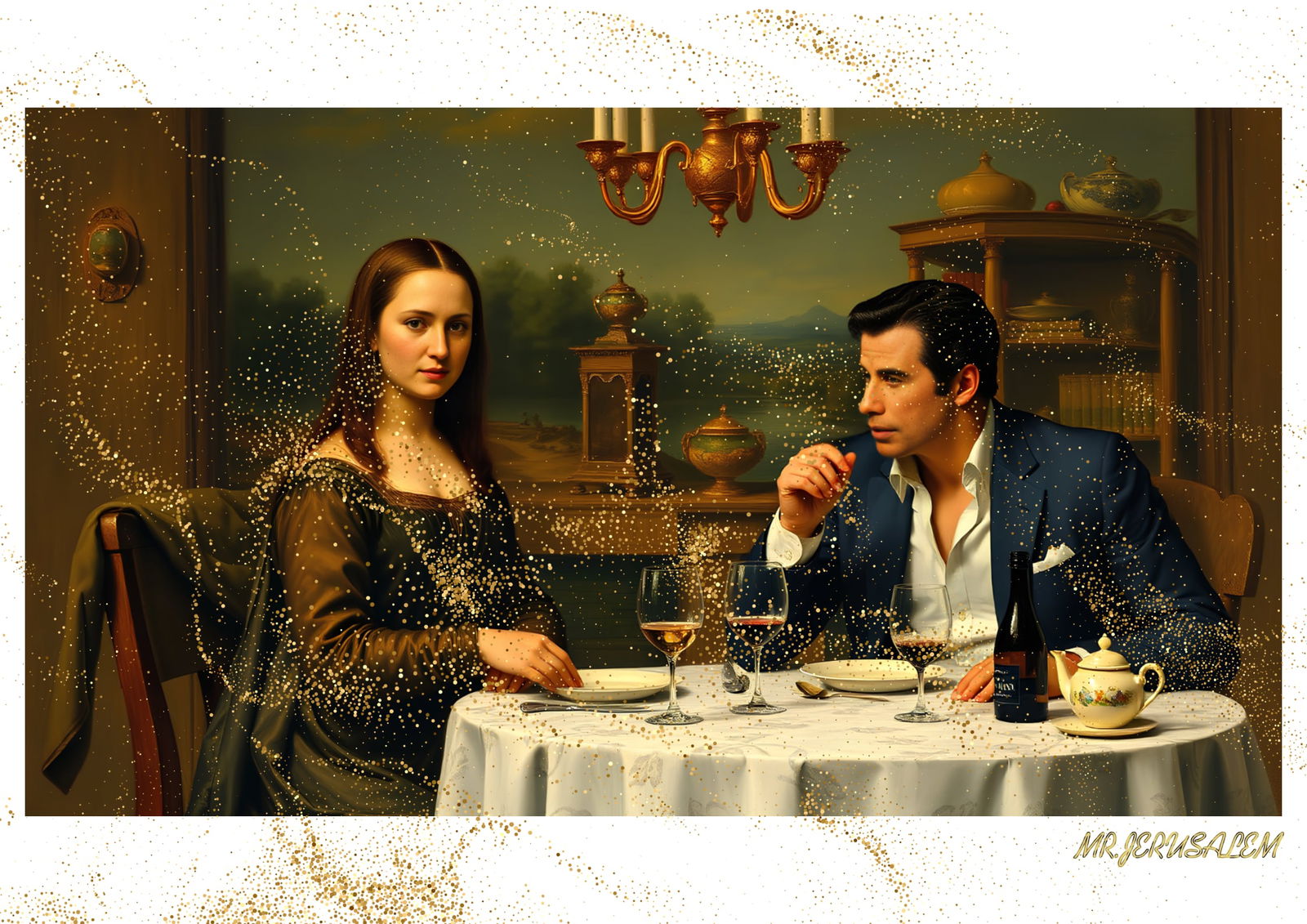 "Mr.Jerusalem, "John Travolta having dinner with Mona Lisa-D1" "Original, A2 Poster print, sta: Original A2 Poster Digital print on paper, Solid Finishing: Classic (250 gsm gloss) Artist Digital signature Stamped / seal Watermark seal Sizes- 420 X594mm Sold unframed