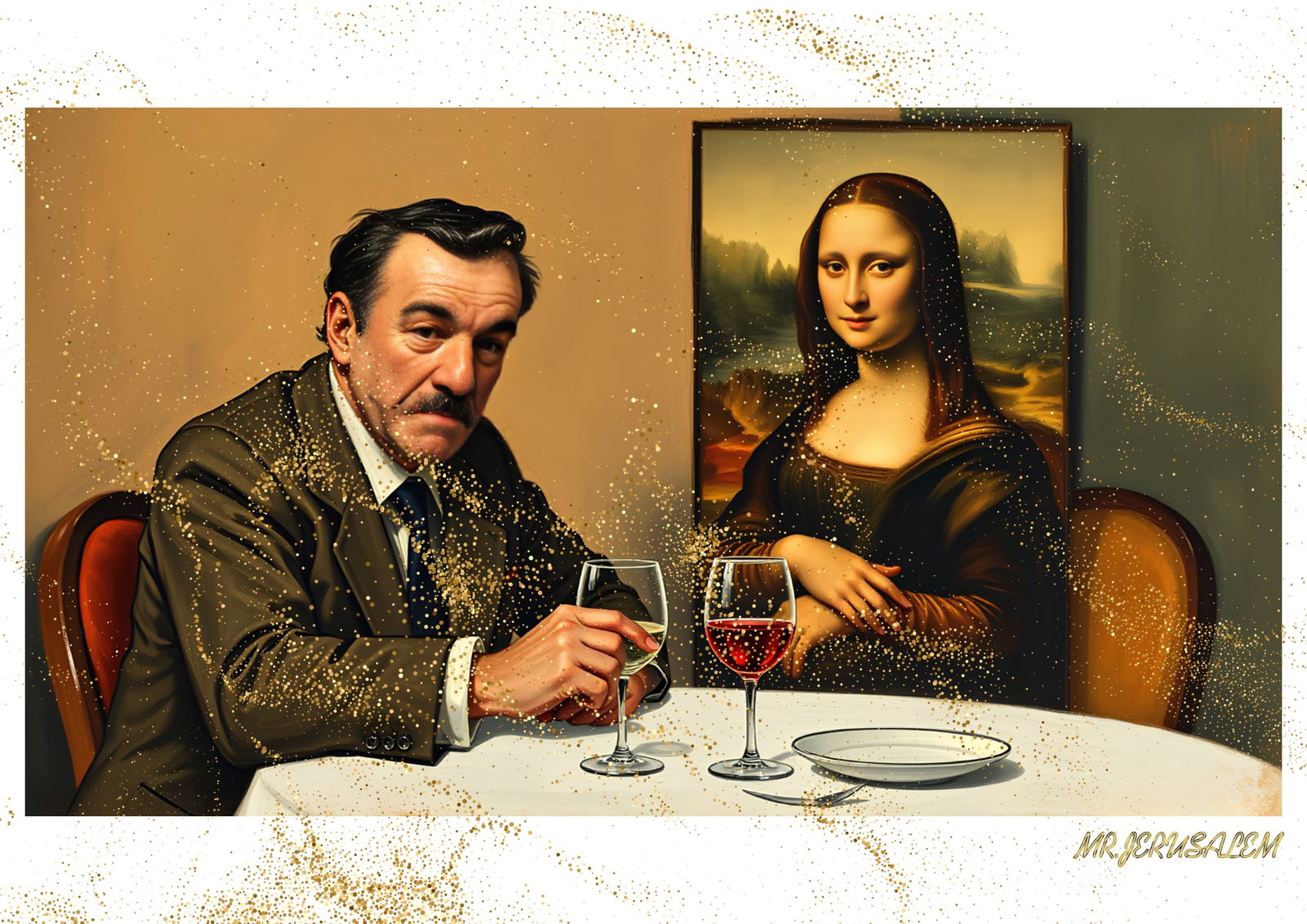 "Mr.Jerusalem, "Fernand Leger having dinner with Mona Lisa-D2" "Original, A2 Poster print, sta: Original A2 Poster Digital print on paper, Solid Finishing: Classic (250 gsm gloss) Artist Digital signature Stamped / seal Watermark seal Sizes- 420 X594mm Sold unframed