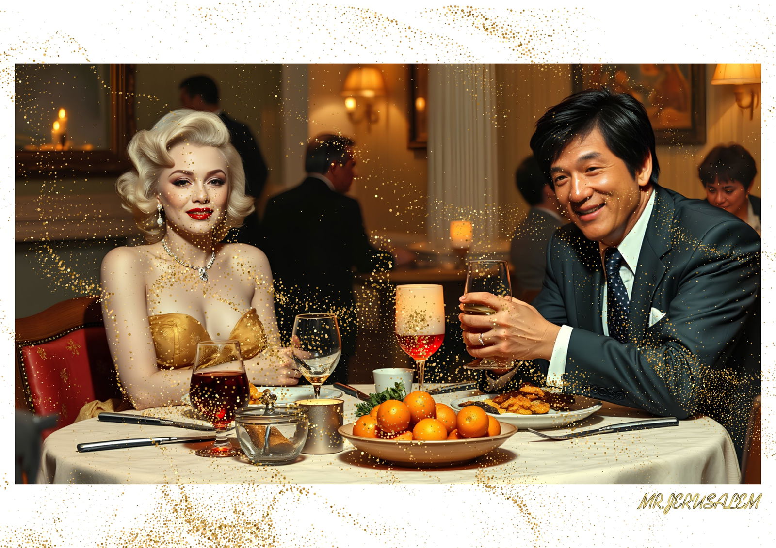 "Mr.Jerusalem, "Jackie Chan having dinner with Marilyn Monroe-D2" "Original, A2 Poster print, : Original A2 Poster Digital print on paper, Solid Finishing: Classic (250 gsm gloss) Artist Digital signature Stamped / seal Watermark seal Sizes- 420 X594mm Sold unframed