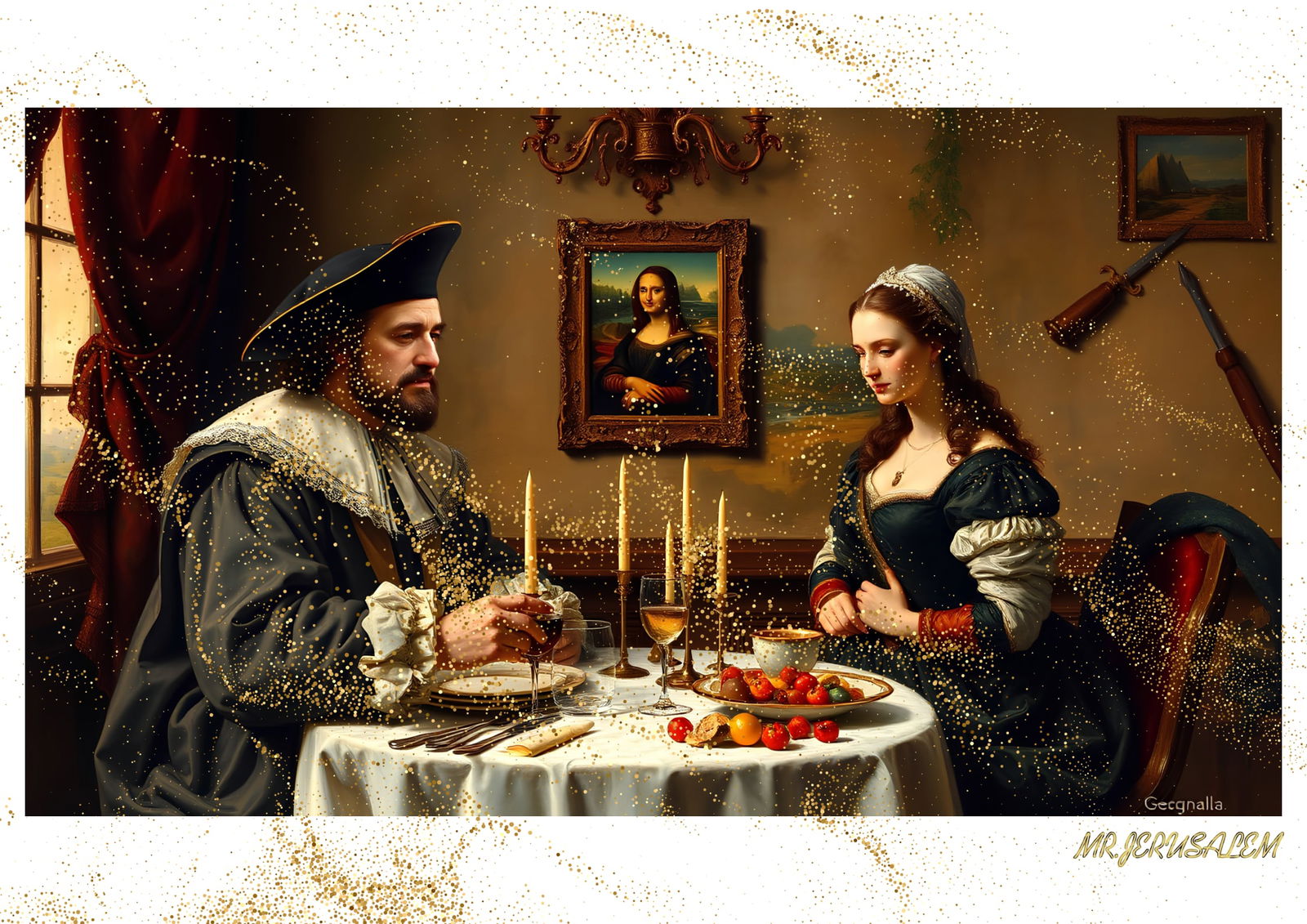 "Mr.Jerusalem, "Christopher Columbus having dinner with Mona Lisa-D2" "Original, A2 Poster pri (1 of 2)