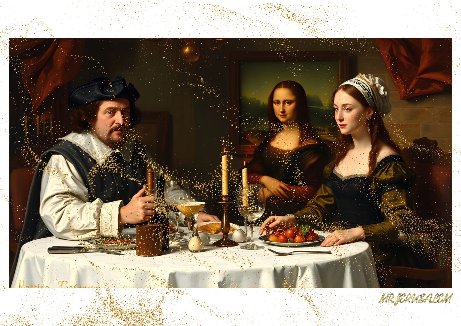 "Mr.Jerusalem, "Christopher Columbus having dinner with Mona Lisa-D1" "Original, A2 Poster pri: Original A2 Poster Digital print on paper, Solid Finishing: Classic (250 gsm gloss) Artist Digital signature Stamped / seal Watermark seal Sizes- 420 X594mm Sold unframed