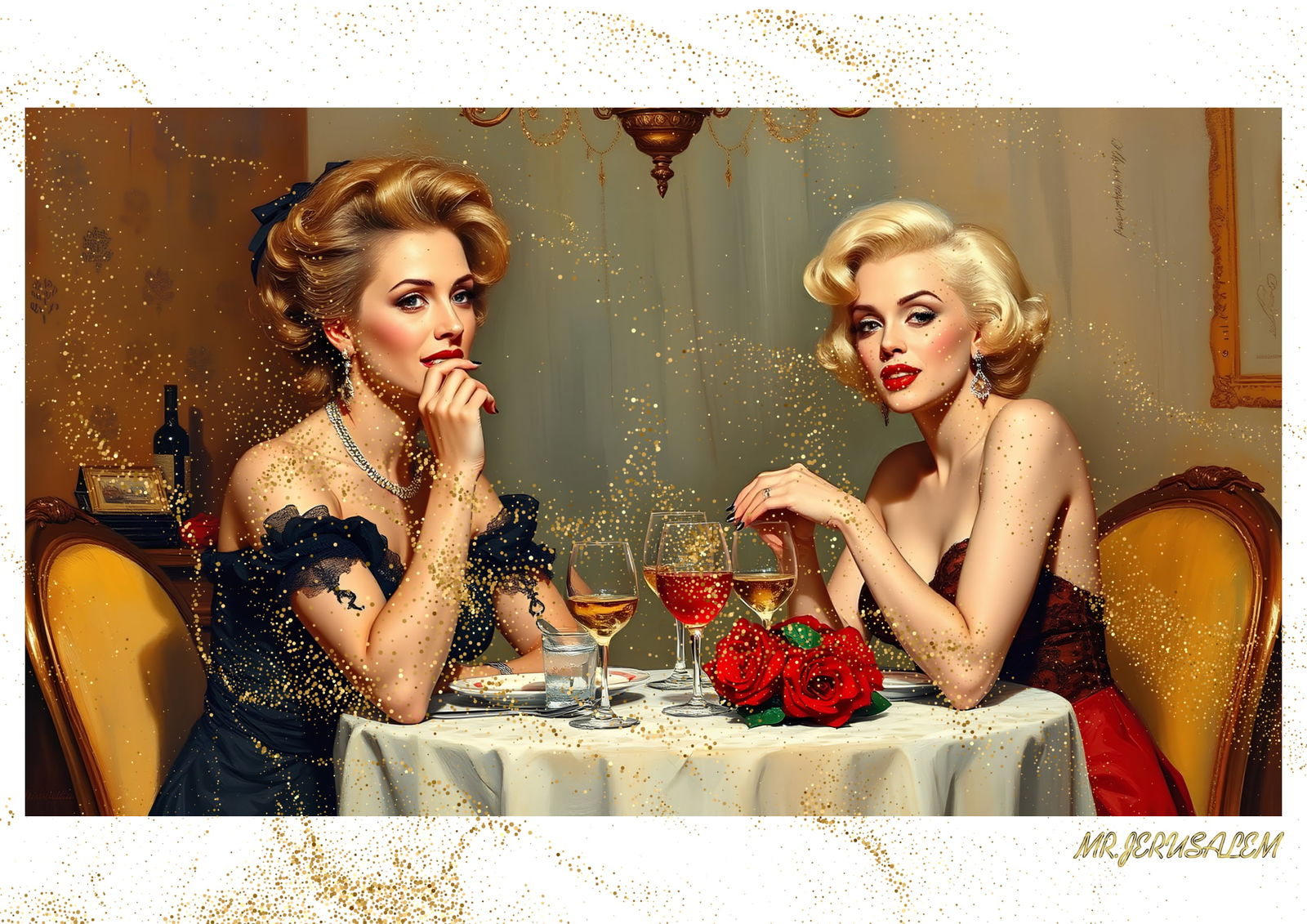 "Mr.Jerusalem, "Celine Dion having dinner with Marilyn Monroe-D1" "Original, A2 Poster print, : Original A2 Poster Digital print on paper, Solid Finishing: Classic (250 gsm gloss) Artist Digital signature Stamped / seal Watermark seal Sizes- 420 X594mm Sold unframed