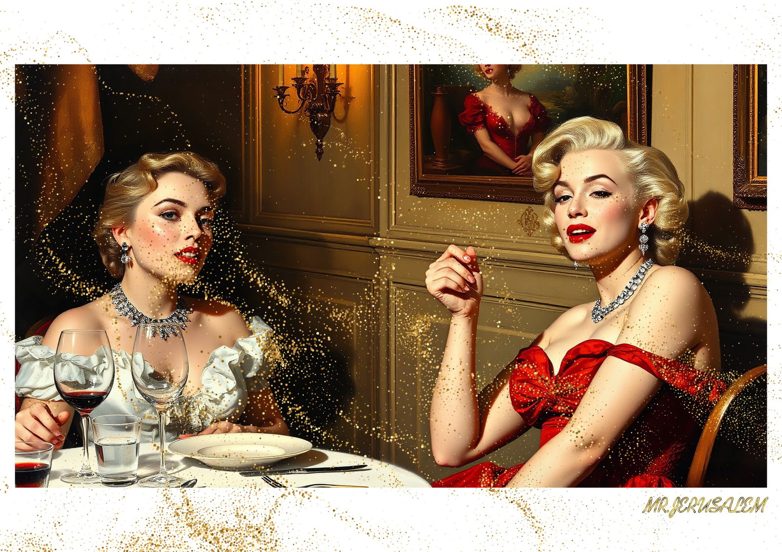 "Mr.Jerusalem, "Madonna having dinner with Marilyn Monroe-D1" "Original, A2 Poster print, stam: Original A2 Poster Digital print on paper, Solid Finishing: Classic (250 gsm gloss) Artist Digital signature Stamped / seal Watermark seal Sizes- 420 X594mm Sold unframed