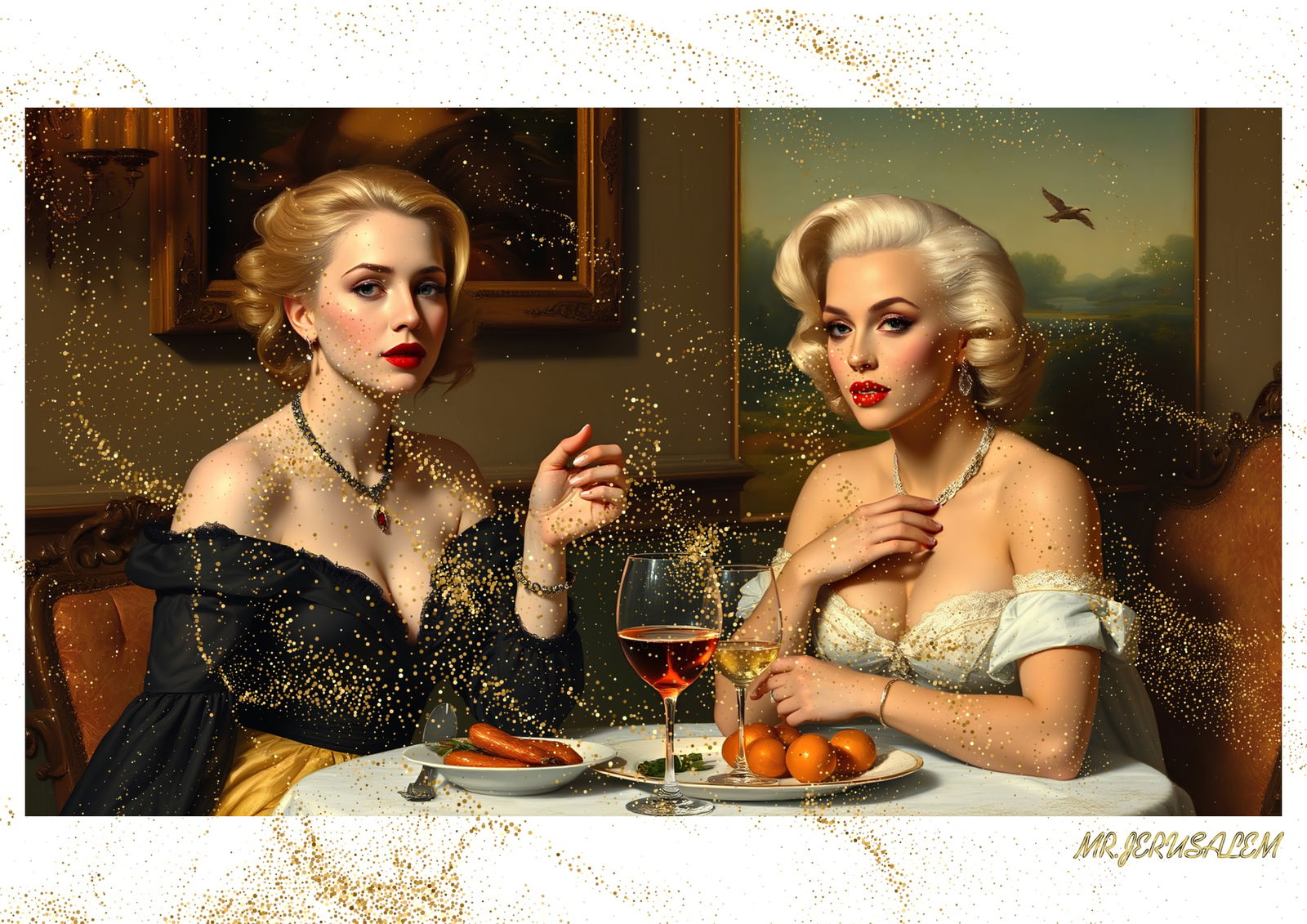 "Mr.Jerusalem, "Christina Aguilera having dinner with Marilyn Monroe-D2" "Original, A2 Poster : Original A2 Poster Digital print on paper, Solid Finishing: Classic (250 gsm gloss) Artist Digital signature Stamped / seal Watermark seal Sizes- 420 X594mm Sold unframed