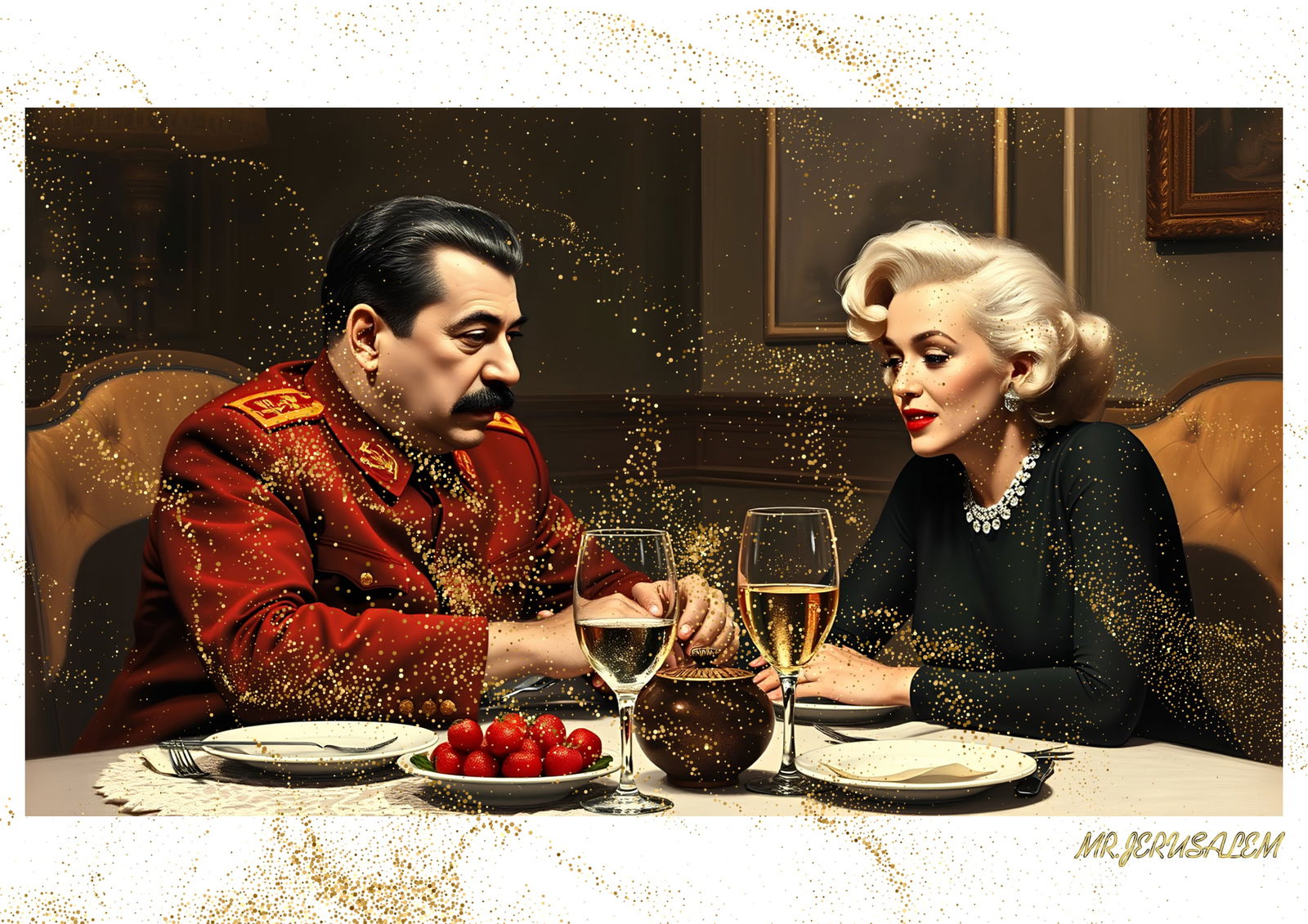 "Mr.Jerusalem, "Joseph Stalin having dinner with Marilyn Monroe-D2" "Original, A2 Poster print: Original A2 Poster Digital print on paper, Solid Finishing: Classic (250 gsm gloss) Artist Digital signature Stamped / seal Watermark seal Sizes- 420 X594mm Sold unframed