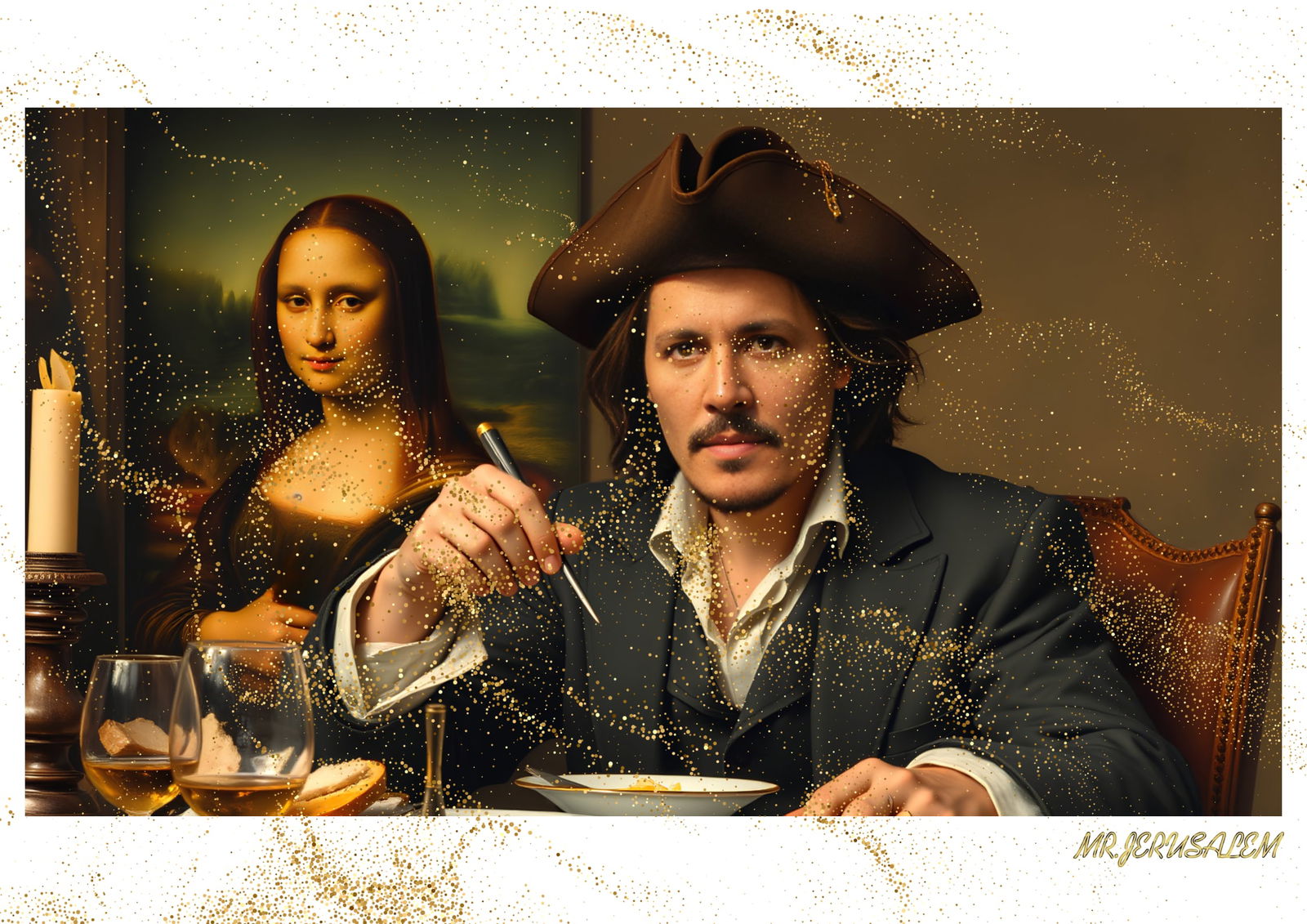 "Mr.Jerusalem, "Johnny Depp having dinner with Mona Lisa-D1" "Original, A2 Poster print, stamp: Original A2 Poster Digital print on paper, Solid Finishing: Classic (250 gsm gloss) Artist Digital signature Stamped / seal Watermark seal Sizes- 420 X594mm Sold unframed